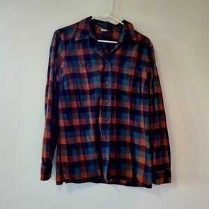 Duluth Trading Co Blue and Orange Plaid Button Down Shirt
